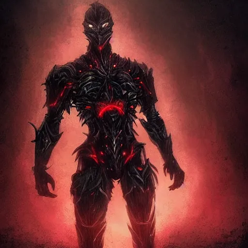 Image similar to extremely detailed artwork of an armored dark figure in a dark evil forest, super sayan, glowing hands, Sauron, Ultron, speedster, fantasy art, fog, heavy armor, knights armor, cinematic pose, pose, 8k UHD, villain. set in a dark evil forest where the entire forest floor is covered in dark red leaved, blood red leaves, atmospheric fog, moon lit