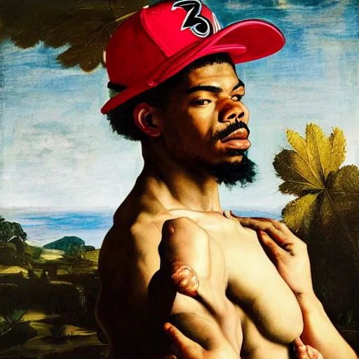 Image similar to a portrait painting of Chance The Rapper as a Poetic Philosopher in the style of Caravaggio, 1599, realistic, detailed