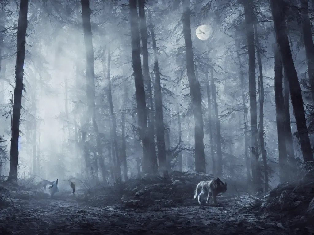 Prompt: a large wolf walking on a dark path through the forest at night under a full moon, 4 k, photorealistic, matte painting,
