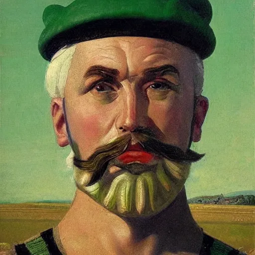 Image similar to soldier of slavic appearance with a white beard, white mustache, white hair in a green cap, green camouflage, in black trousers against a blue sky and wheat fields in the style of andrei riabovitchev, realism, portrait