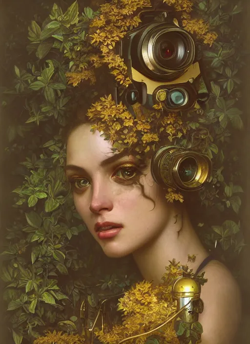 Image similar to hyper realistic photographer looking through a vintage medium format camera, design on white background, beautiful details, lush foliage cyberpunk, gold, drawn by john singer sargent, tom bagshaw, norman rockwell, alphonso mucha, lolish, trending on artstation