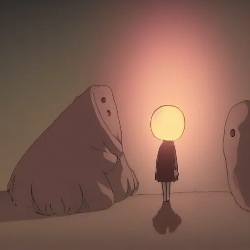 Prompt: no - face creature made by studio ghibli ( night ), ( ( lighting ) ), 8 k, smooth, high details, high qualitt,