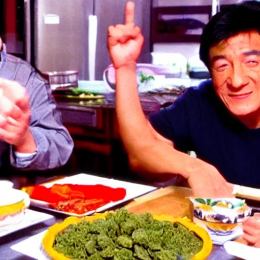 Prompt: Jackie Chan and Shaq cannabis mukbang iron chef 1996 DVD rip