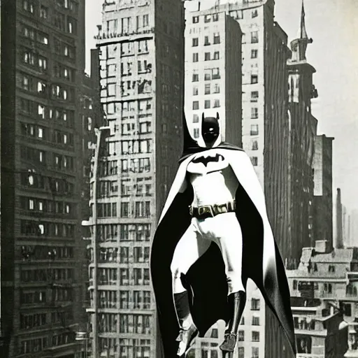 Prompt: old black and white photo, 1 9 2 5, depicting batman with spread cape walking on a tightrope through skyscrapers of new york city, rule of thirds, historical record