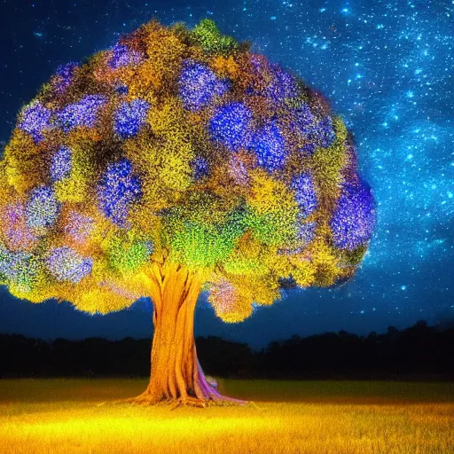 Prompt: mystical giant tree full of fireflies, blue golden leafs,