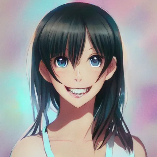 Prompt: A medium shot anime portrait of a happy brunette anime woman, a single short ponytail, parted hair, bare forehead, blue-eyed, blue eyes, big nose, gums, with large breasts, wearing a t-shirt, solid background, by Stanley Artgerm Lau, WLOP, Rossdraws, James Jean, Andrei Riabovitchev, Marc Simonetti, and Sakimi chan, trending on artstation