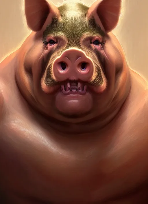 Image similar to portrait of aggressive pig humanoid, d & d, muscular! fat! fantasy, intricate, elegant, highly detailed, digital painting, artstation, concept art, smooth, sharp focus, illustration, art by artgerm and greg rutkowski and alphonse mucha