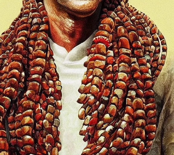 Image similar to Tom hanks as forrest gump wearing a necklace made out of shrimps around the neck, realistic face, digital art, in the style of Raphael Lacoste, amazing detail, artstation, long shot