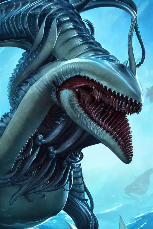 Image similar to underwater xenomorph alien mixed with sharks extra teeth, tentacles, highly detailed, digital painting, artstation, concept art, smooth, sharp focus, illustration, unreal engine 5, 8 k, art by artgerm and greg rutkowski and alphonse mucha and ifbb pro fitness photograph