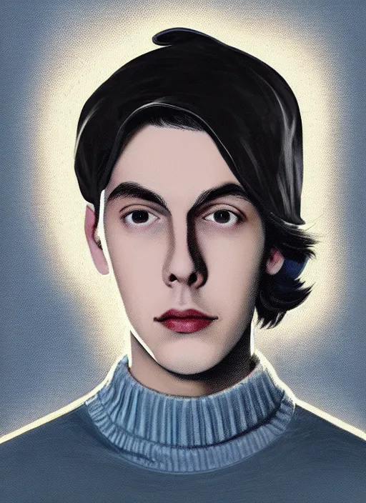 Image similar to portrait of teenage jughead jones wearing a light grey crown, crown, blue turtleneck, 1 9 5 0 s, closed eyes, photorealistic, black hair, glowing lighting, intricate, elegant, glowing lights, highly detailed, digital painting, artstation, concept art, smooth, sharp focus, illustration, art by wlop, mars ravelo and greg rutkowski