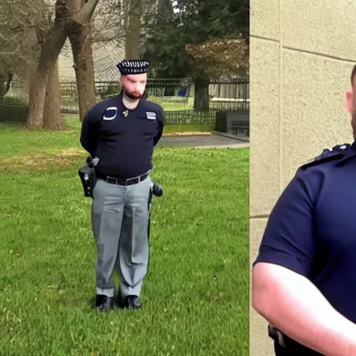 Image similar to clean - shaven chubby chubby chubby 3 2 year old caucasian man from uk. he is wearing navy police sweater and necktie and black boots and police helmet. he is making a youtube apology video