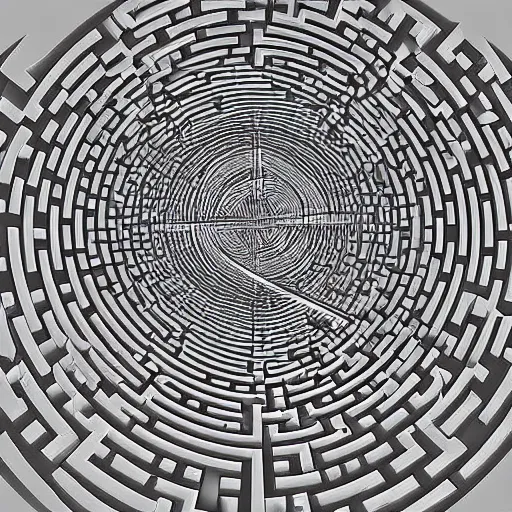 Prompt: digital art, 3 dimensional labyrinth, similar to relativity by m. c. escher
