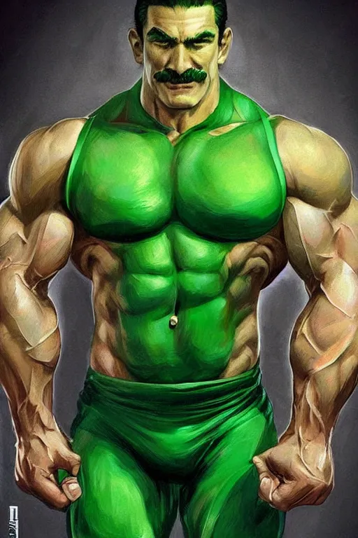 Image similar to muscular luigi wearing a green jumpsuit by ilya kuvshinov, bodybuilder ernest khalimov, super mario bros symmetrical face concept art, hyper realistic, intricate, elegent, highly detailed, digital painting, concept art, smooth, sharp, focus, illustration, art by artgerm and greg rutkowski and alphonse mucha, artstation