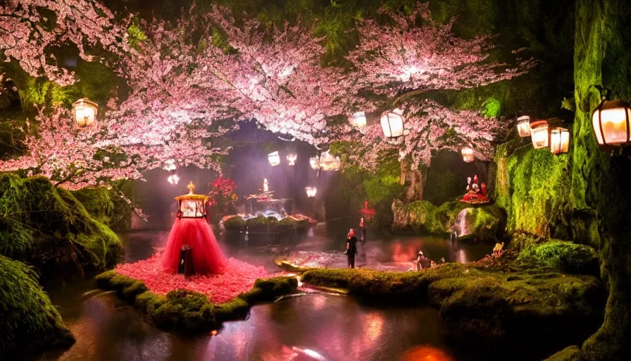 Prompt: 35mm film still of a very surreal magical European castle cafe in a lush waterfall garden, falling cherry blossoms pedals, in the style of Gucci, James Jean and Wes Anderson glowing lights and floating lanterns, foggy atmosphere, rainy, moody, muted colors, magic details, very detailed, 8k, cinematic look