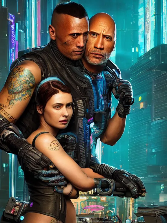 Image similar to a cyberpunk 2077 couple portrait of Dwayne Johnson holding a female android,complex mess of cables and wires behind them connected to giant computer,film lighting,by laurie greasley,Lawrence Alma-Tadema,William Morris,Dan Mumford, trending on atrstation,full of color,face enhance,sharp focus, highly detailed,8K, octane,golden ratio,cinematic lighting