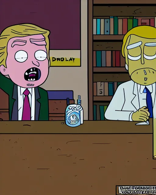 Image similar to donald trump in the style of justin roiland, cinematic lighting, style of rick & morty, photographic, photography. by justin roiland