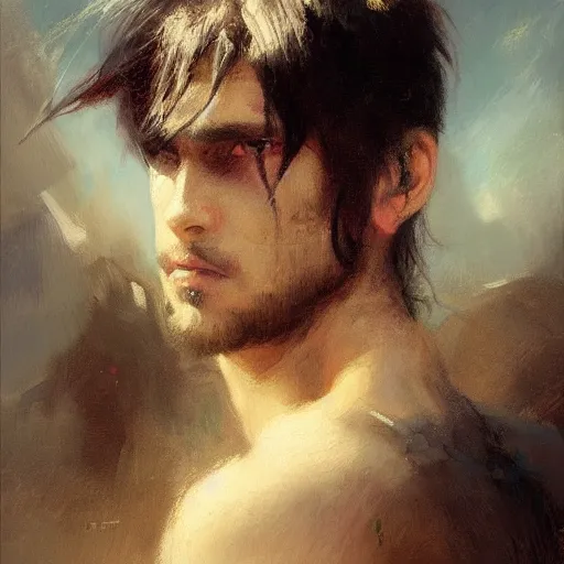 Image similar to A handsome emo man, painting by Gaston Bussiere and Greg Rutkowski, trending on artstation, 4k, 8k,