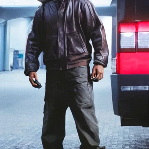 Image similar to film still of will smith dressed like niko bellic (character from Grand Theft Auto IV), photorealistic