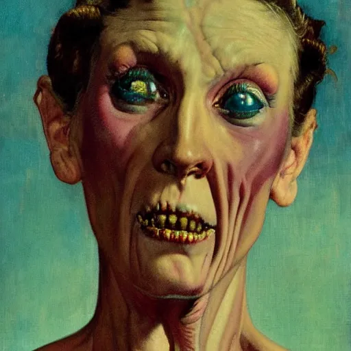 Image similar to Frontal portrait of a demon. The texture of her skin is a mixture of cyan flesh and boney marble. A painting by Norman Rockwell.