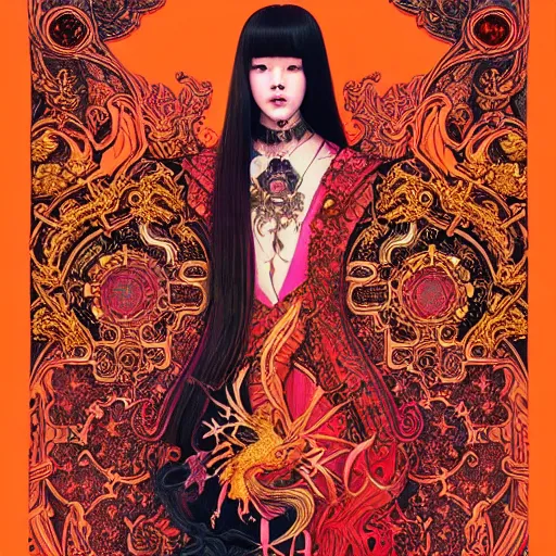 Image similar to jisoo + blackpink + elements + red + gold + neon + baroque + rococo + white + orange + ink + tarot card, ornate + by marc simonetti, paul pope, peter mohrbacher, detailed, intricate ink illustration + damask + award winning + 8 k