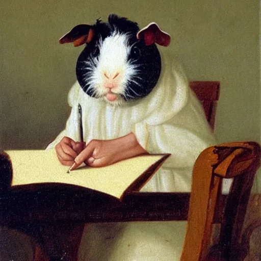 Image similar to a 1 8 th century painting of a guinea pig writing a letter, realistic oil paint