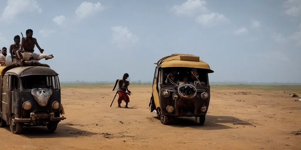 Image similar to sri lankan mad max style, tuk tuk, film still, epic shot cinematography, rule of thirds