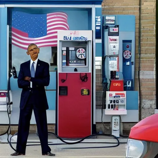 Prompt: barack obama, standing by a gas station, fresh fade haircut