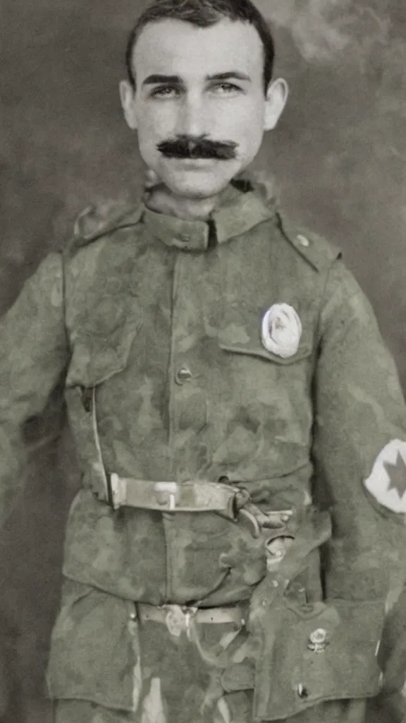 Image similar to Luigi from supermario as a world war I soldier, photograph, colorized, damaged