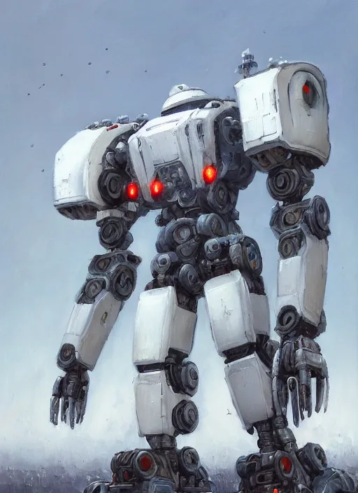 Image similar to an intricate oil painting of a giant pristine white mechsuit mecha mech with rounded components and tarpaulin cloak by simon stalenhag, by ian mcque inspired by nier : automata, clean white lab background