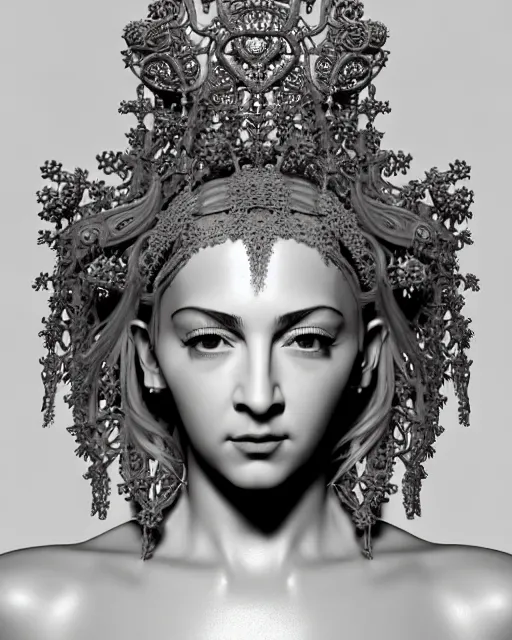 Prompt: bw 3 d render of a beautiful young madonna female queen - cyborg - vegetal, intricate fractal ornament in the bust with a very long neck, elegant, highly detailed intricate rococo ornament in her silver long hair, realistic, refined, highly detailed, cinematic outdoor lighting, by flora borsi in the style of dora maar, volumetric lighting, hyper realistic photography