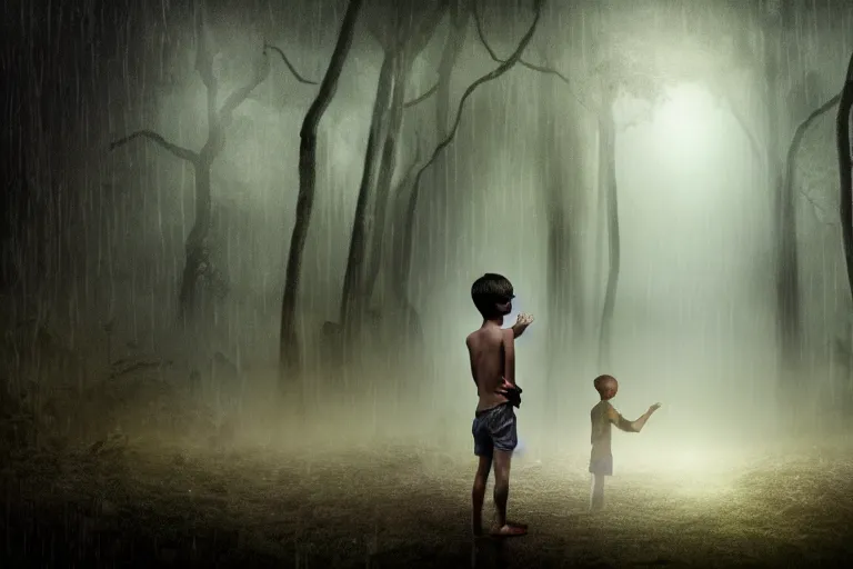 Image similar to boy in a conversation with a macabre soul looking like a ghost in the middle of a rain forest at night, realistic, obscure, dramatic scene, matte painting