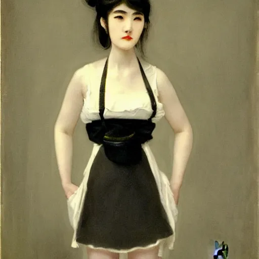 Image similar to full body painting of grumpy handsome thin beautiful man in his 2 0 s named min - jun in a french female maid outfit, modern clothing, elegant, clear, painting, stylized, delicate facial features, stylized thin lines, soft but grumpy, highly detailed, art, art by egon alphonse yamamoto