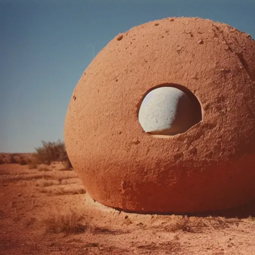 Prompt: an orb-like clay house sitting in the desert, vintage photo, beautiful cinematography, blue sky, film grain