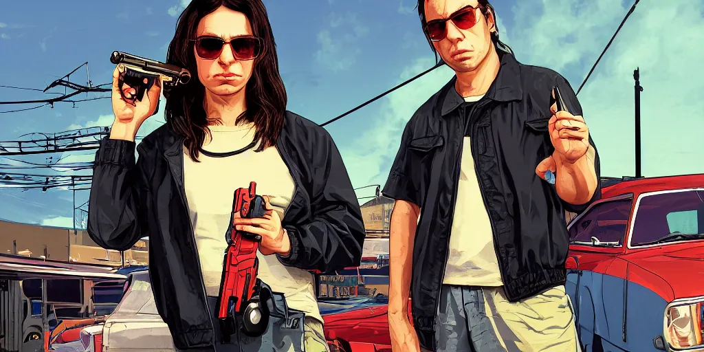 Prompt: Hila Klein as a 90s gangster in GTA V, Cover Art by Stephen Bliss, Boxart, Loading Screen. 8k Resolution