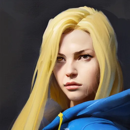 Image similar to greg manchess portrait of a beautiful girl with blonde hair, wearing a blue hoodie, as an overwatch character, medium shot, asymmetrical, cinematic lighting, sharp shadows, profile picture, organic painting, matte painting, bold shapes, hard edges, street art, trending on artstation, by huang guangjian and gil elvgren and sachin teng