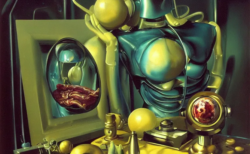 Image similar to strange seductive futuristic robot body, enticing colorful oil painting dutch golden age vanitas still life sparse composition with bulbous objects strange gooey transparent surfaces shiny metal reflections bizarre mutant meat insects rachel ruysch dali todd schorr very detailed perfect composition rule of thirds masterpiece canon 5 0 mm, cinematic lighting, photography, retro, film, kodachrome