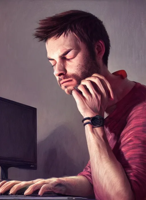 Image similar to insanely detailed portrait of a sleepy - looking programmer guy on his knees in front of his glowing ultrawide monitor begging for forgiveness, oil on canvas, masterwork, fine detail, trending on artstation, emotive, insanely compelling, ryden, koons, moebius