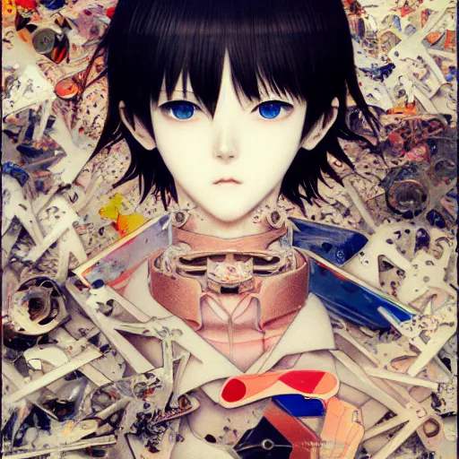 Image similar to prompt : photorealistic 3 d render of persona soft light portrait painted by takato yamamoto, mecha accessories parts and broken, random objects around, otaku gangasta, inspired by fables, realistic face, smooth face feature, intricate oil painting, high detail, sharp high detail, manga and anime 2 0 0 0