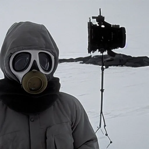 Image similar to a man wearing a hazmat suit and gasmask, in antarctica, film still, arriflex 3 5