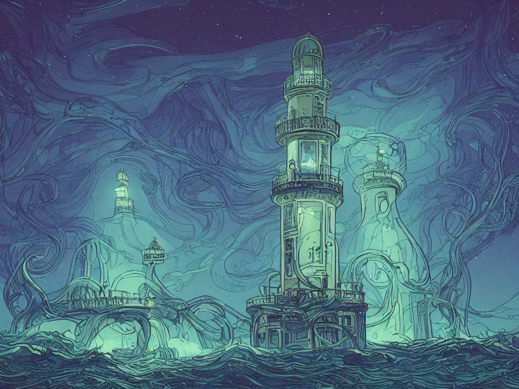 Prompt: a detailed illustration of an ornate lighthouse by the ocean, bioluminescent art nouveau vines creep around the lighthouse, aurora borealis, night sky, by Simon Stålenhag, 4K, trending in artstation, wide angle