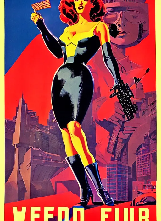 Image similar to american propaganda poster. cyberpunk hitwoman. portrait by jean giraud and anton otto fischer and john philip falter and will eisner and gil elvgren