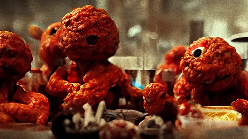 Image similar to the strange meatball creature at the fast food place, film still from the movie directed by denis villeneuve and david cronenberg with art direction by salvador dali and zdzisław beksinski, wide lens