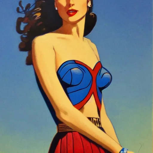 Image similar to full body portrait of gal gadot in the style of bill medcalf, blue sky with a few clouds, retro, 1 9 5 0, 4 k, detailed