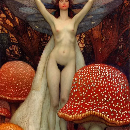 Prompt: masterpiece full body portrait of a fairy woman with a perfect body dancing atop a giant amanita muscaria mushroom cap, by Edgar Maxence and Ross Tran and Michael Whelan and Gustav Klimpt