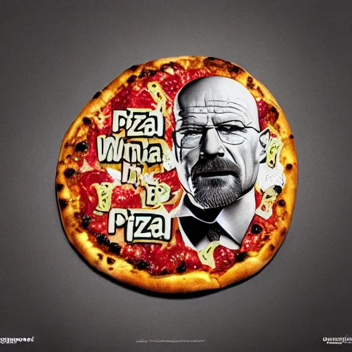 Prompt: pizza made of walter white figurine stickers, unreal, render, splash, award winning photograph