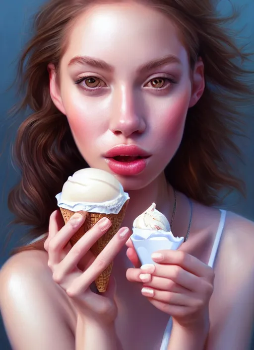 Image similar to a photorealistic detailed portrait of a beautiful girl eating ice cream, detailed, intricate, elegant, highly detailed, digital painting, artstation, concept art, smooth, sharp focus, illustration, art by greg rutkowskii 8 k