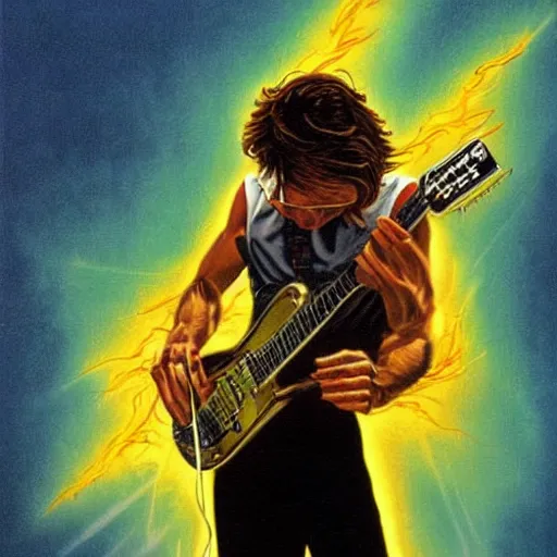 Prompt: guitarist channeling lightning into his body, artwork by greg hildebrandt. 1 9 8 0 s.