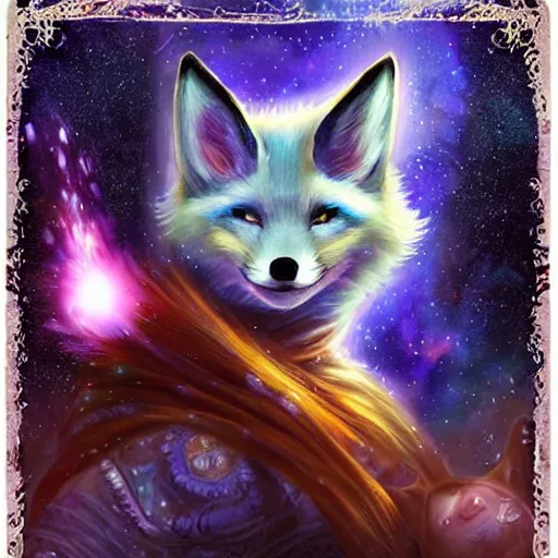 Image similar to a painted avatar portrait of an awesome cosmic powerful humanoid kitsune fox mage themed around life and death and the stars and the cosmos, in the style of dnd beyond avatar portraits, beautiful, artistic, elegant, lens flare, magical, lens flare, nature, realism, stylized, art by jeff easley
