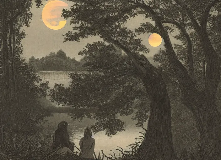 Image similar to A watcher, hidden in the forest spies on the young couple in the distance by the lake, view from behind the watcher his vision is slightly obscured by the foliage, moonlight,