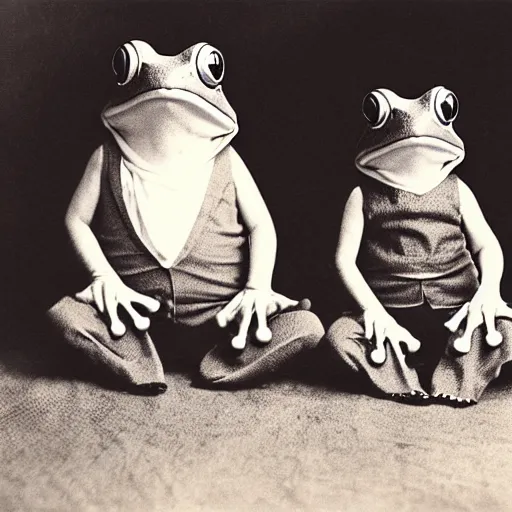 Image similar to frogs wearing old timey clothes, vintage family photo of a frogs wearing old timey clothes, sepia, frog picture